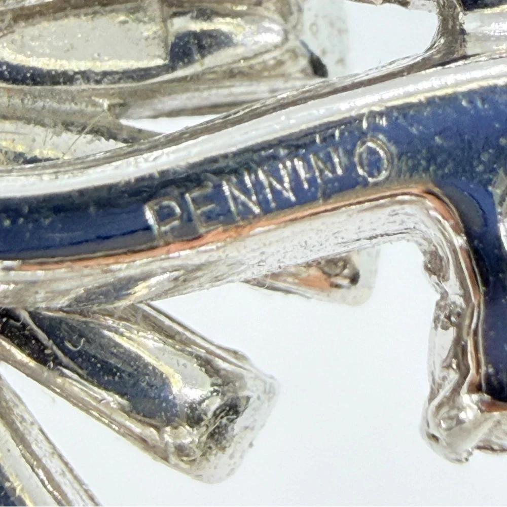 Pennino‎ Silver Crystal Rhinestone Sun Flower & Ribbon Brooch Pin Vintage Signed